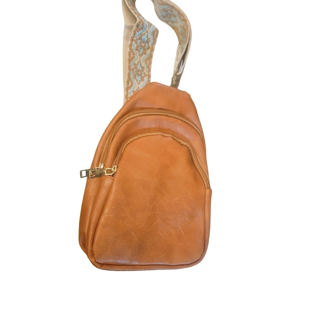 Krediz Brown  Leather Sling Bag Southwestern Woven Strap Crossbody New